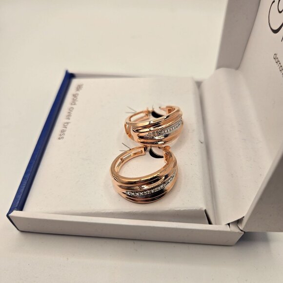 Classic Treasures 18K Rose Gold Over Brass Hoop Earrings Diamond Accents - Picture 3 of 4